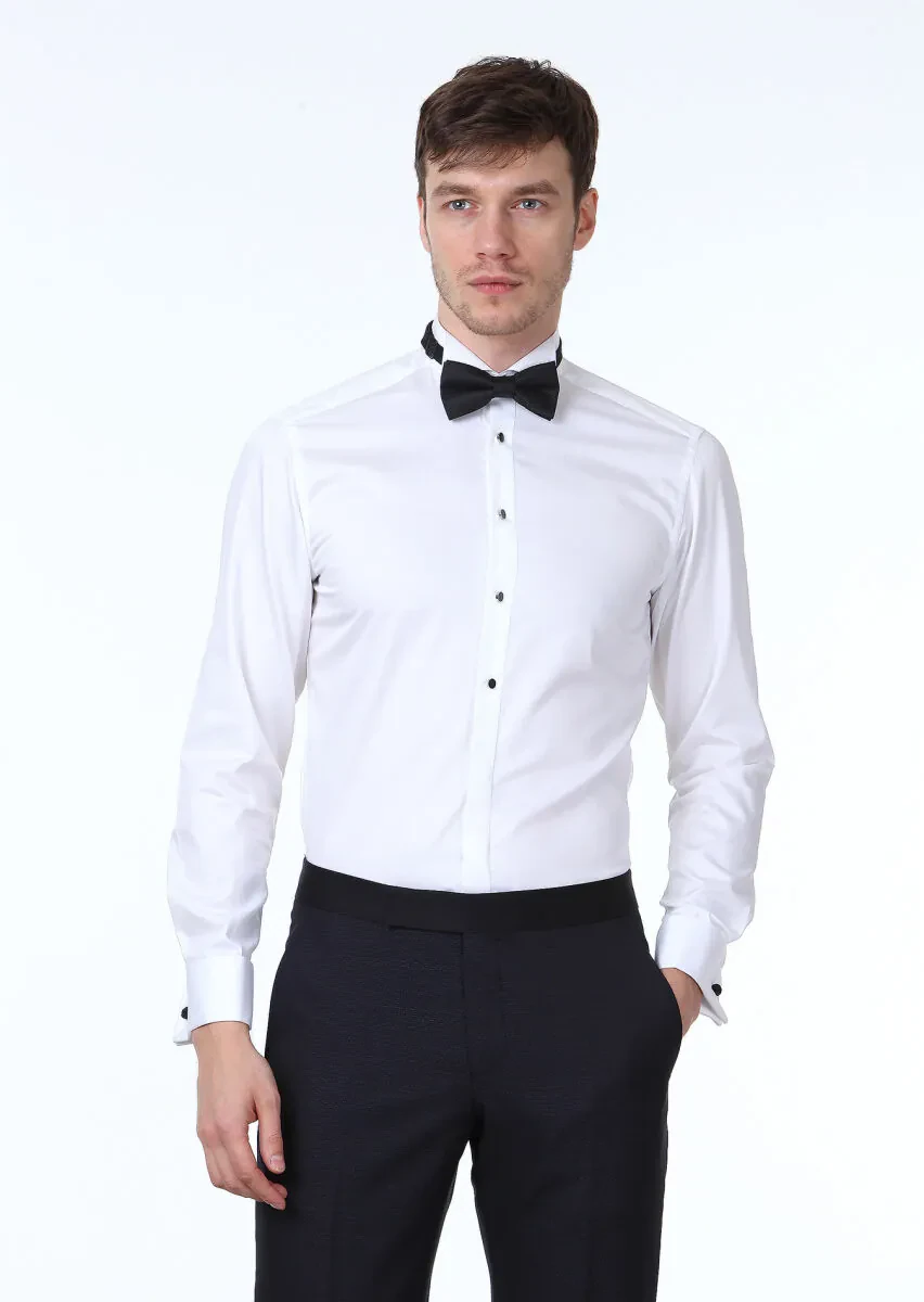 White Plain Fitted Fit Double Cuff Wing Collar Tuxedo Shirts - 1