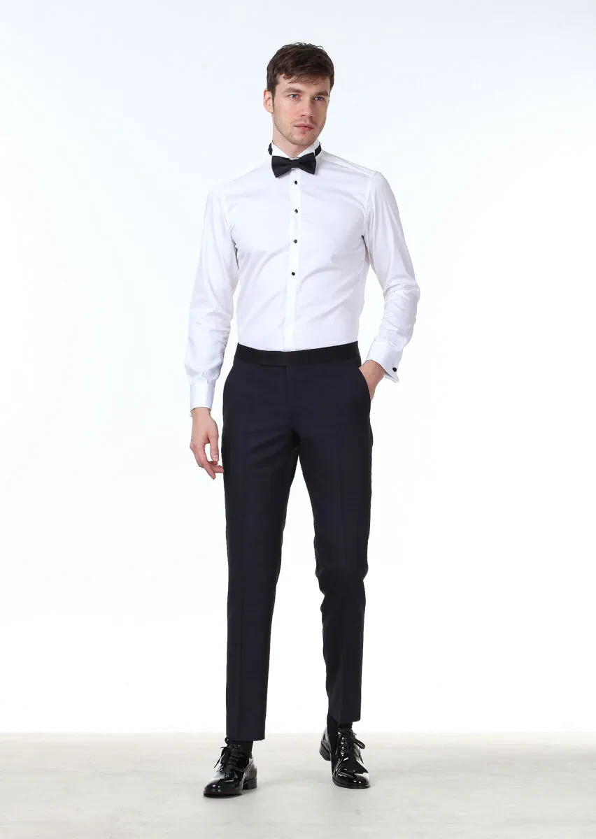 White Plain Fitted Fit Double Cuff Wing Collar Tuxedo Shirts - 2