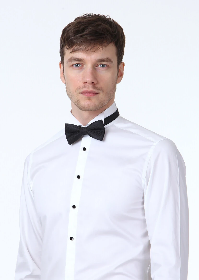 White Plain Fitted Fit Double Cuff Wing Collar Tuxedo Shirts - 3