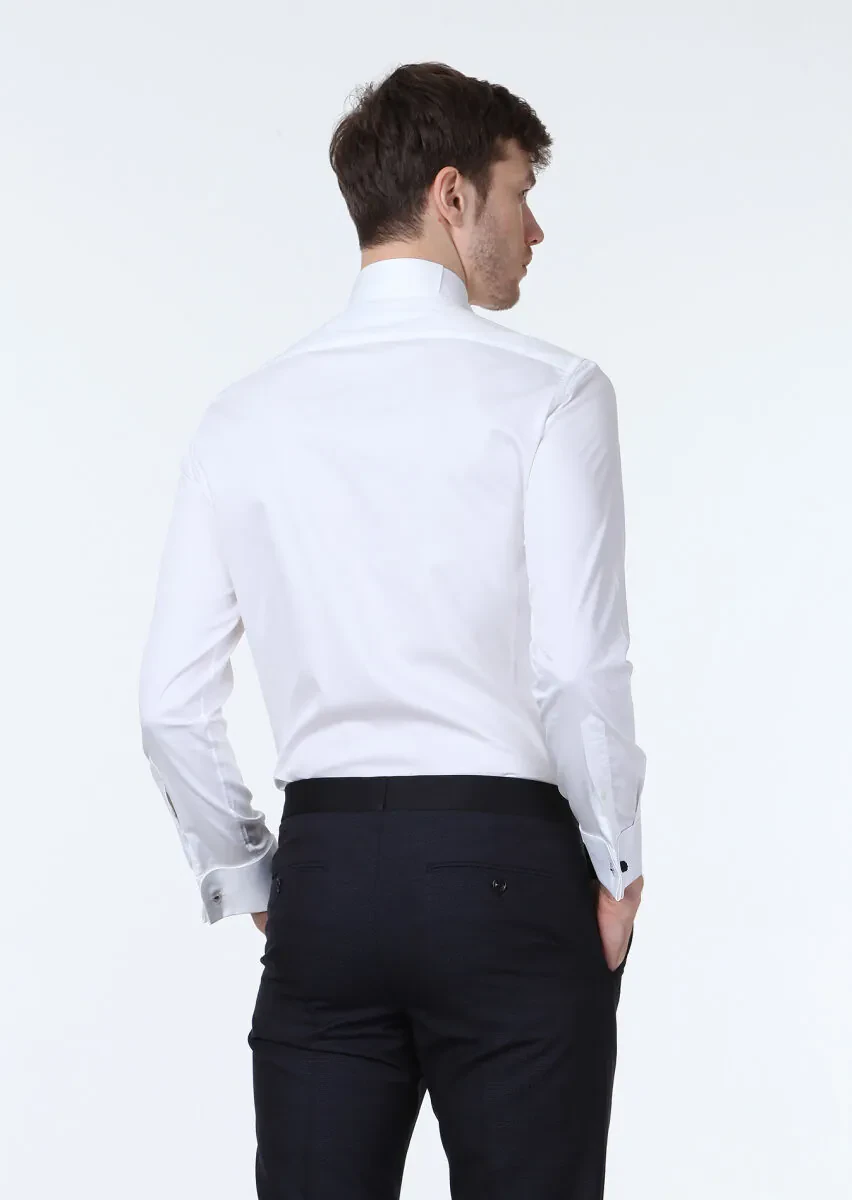 White Plain Fitted Fit Double Cuff Wing Collar Tuxedo Shirts - 4