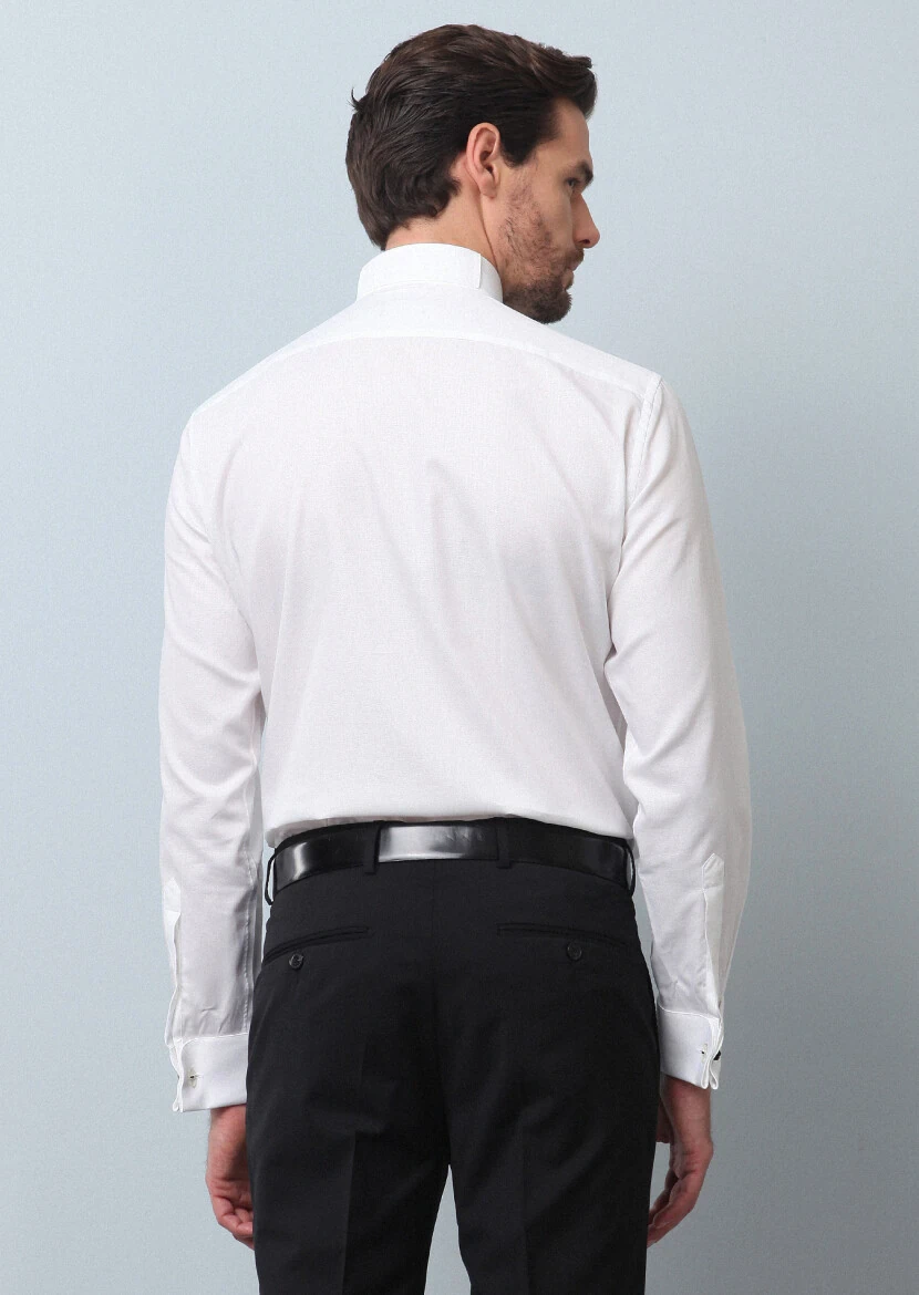 White Plain Fitted Fit Double Cuff Wing Collar Tuxedo Shirts - 5