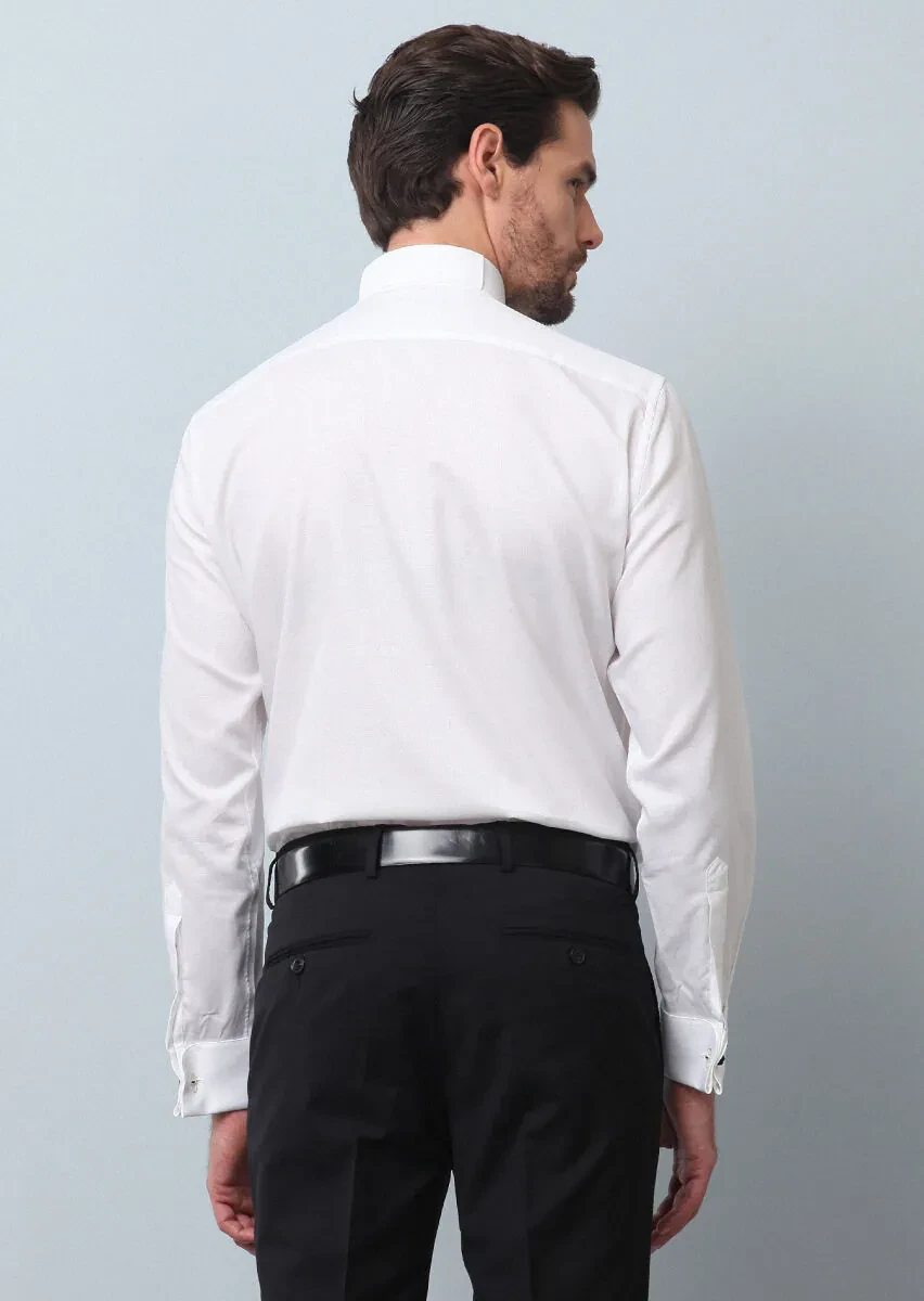 White Plain Fitted Fit Double Cuff Wing Collar Tuxedo Shirts - 5