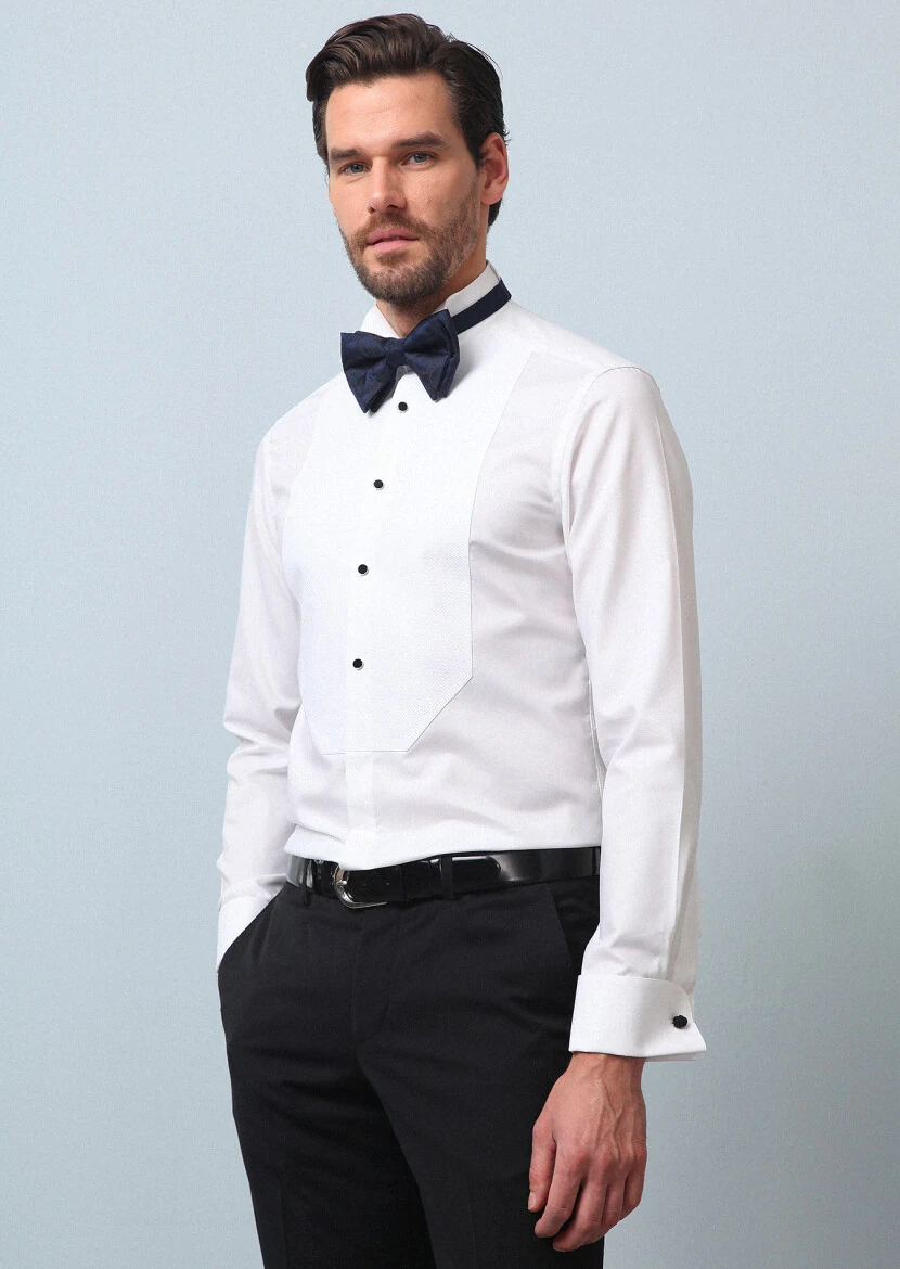 White Plain Fitted Fit Double Cuff Wing Collar Tuxedo Shirts - 1