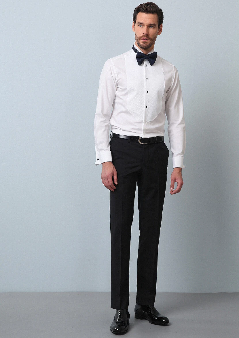 White Plain Fitted Fit Double Cuff Wing Collar Tuxedo Shirts - 3