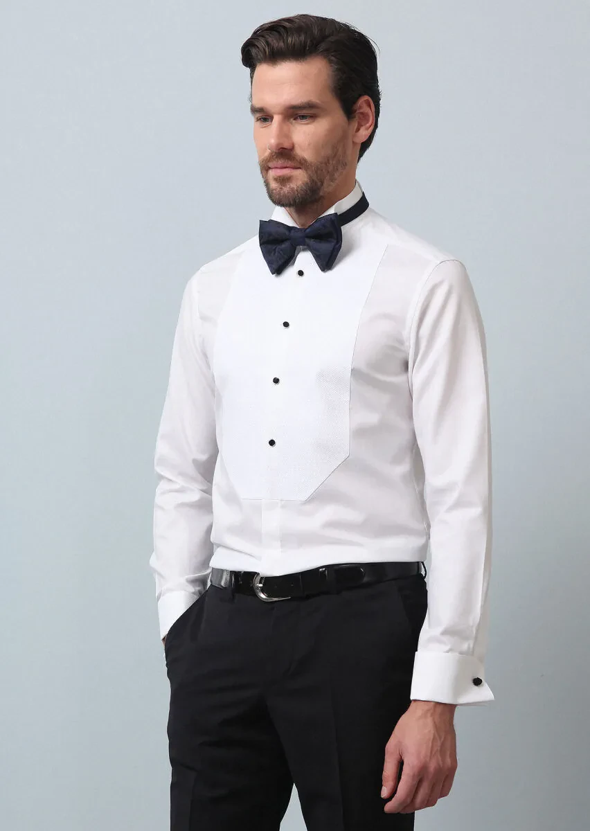 White Plain Fitted Fit Double Cuff Wing Collar Tuxedo Shirts - 4