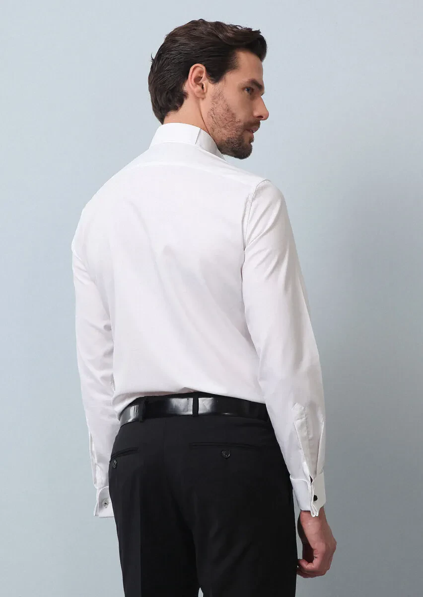 White Plain Fitted Fit Double Cuff Wing Collar Tuxedo Shirts - 5