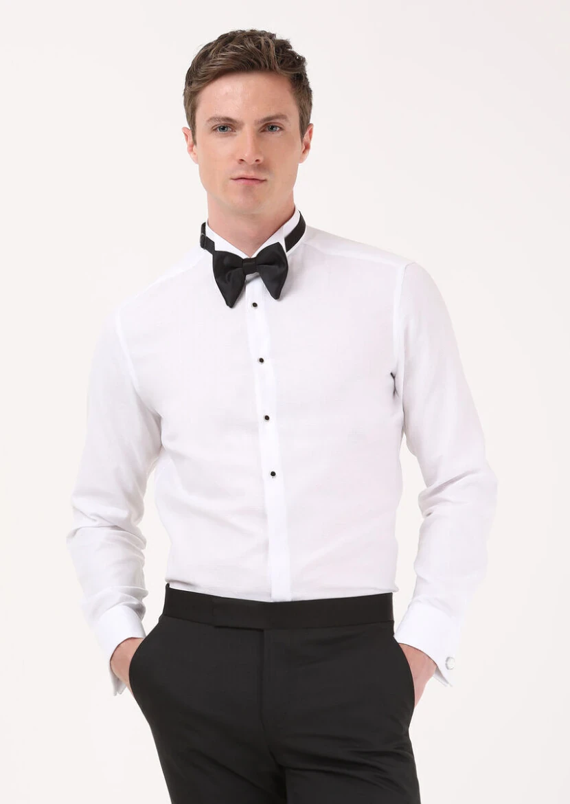 White Plain Fitted Fit Double Cuff Wing Collar Tuxedo Shirts - RAMSEY