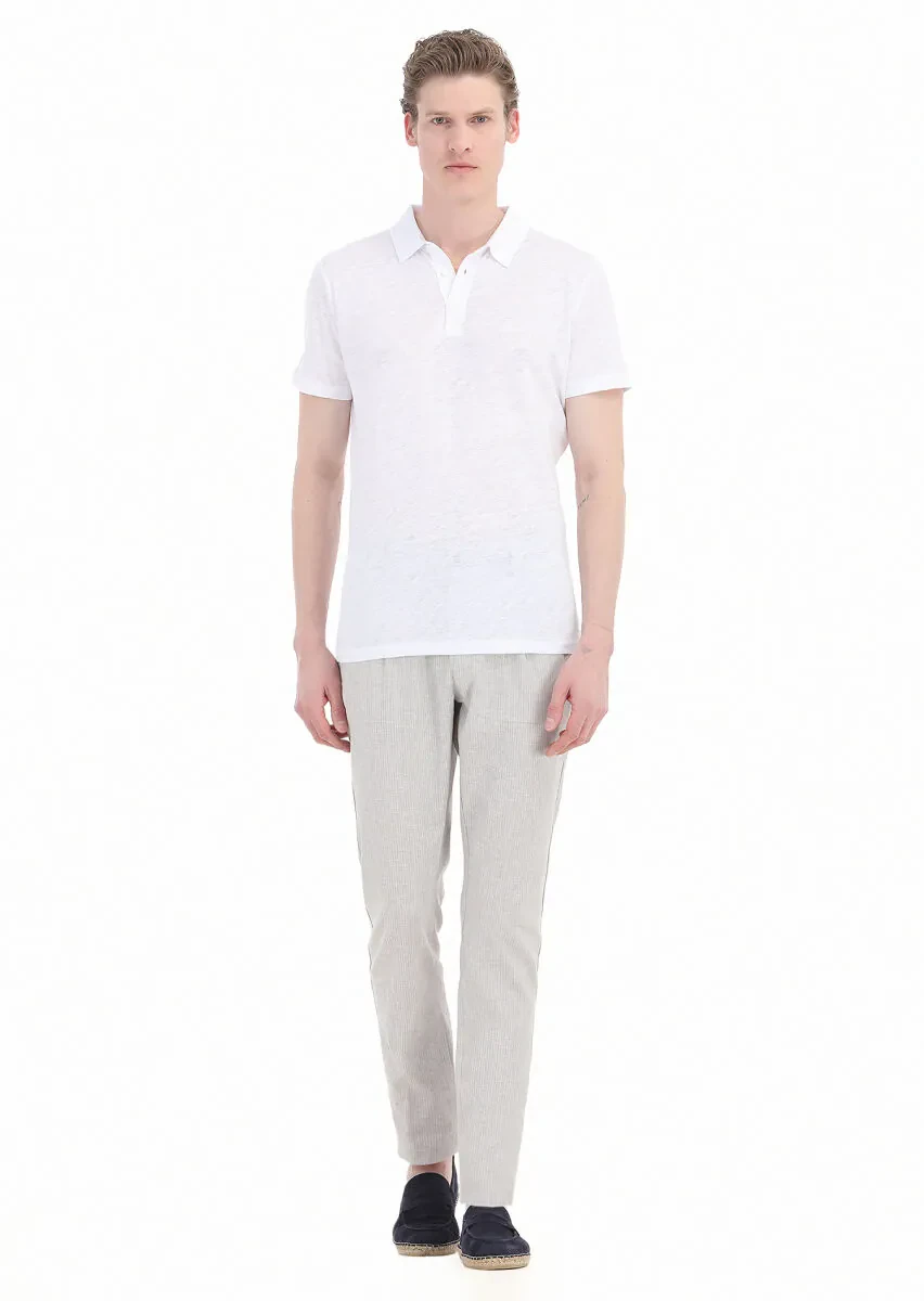 White Plain Polo Neck 100% Linen T-Shirt - 1