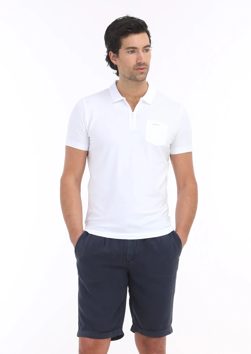 White Plain Polo Neck Cotton Blended T-Shirt 