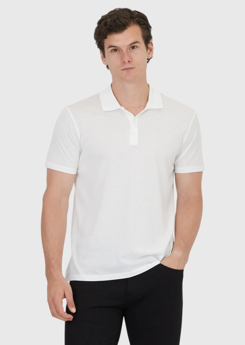 White Plain Polo Neck Cotton Blended T-Shirt - RAMSEY