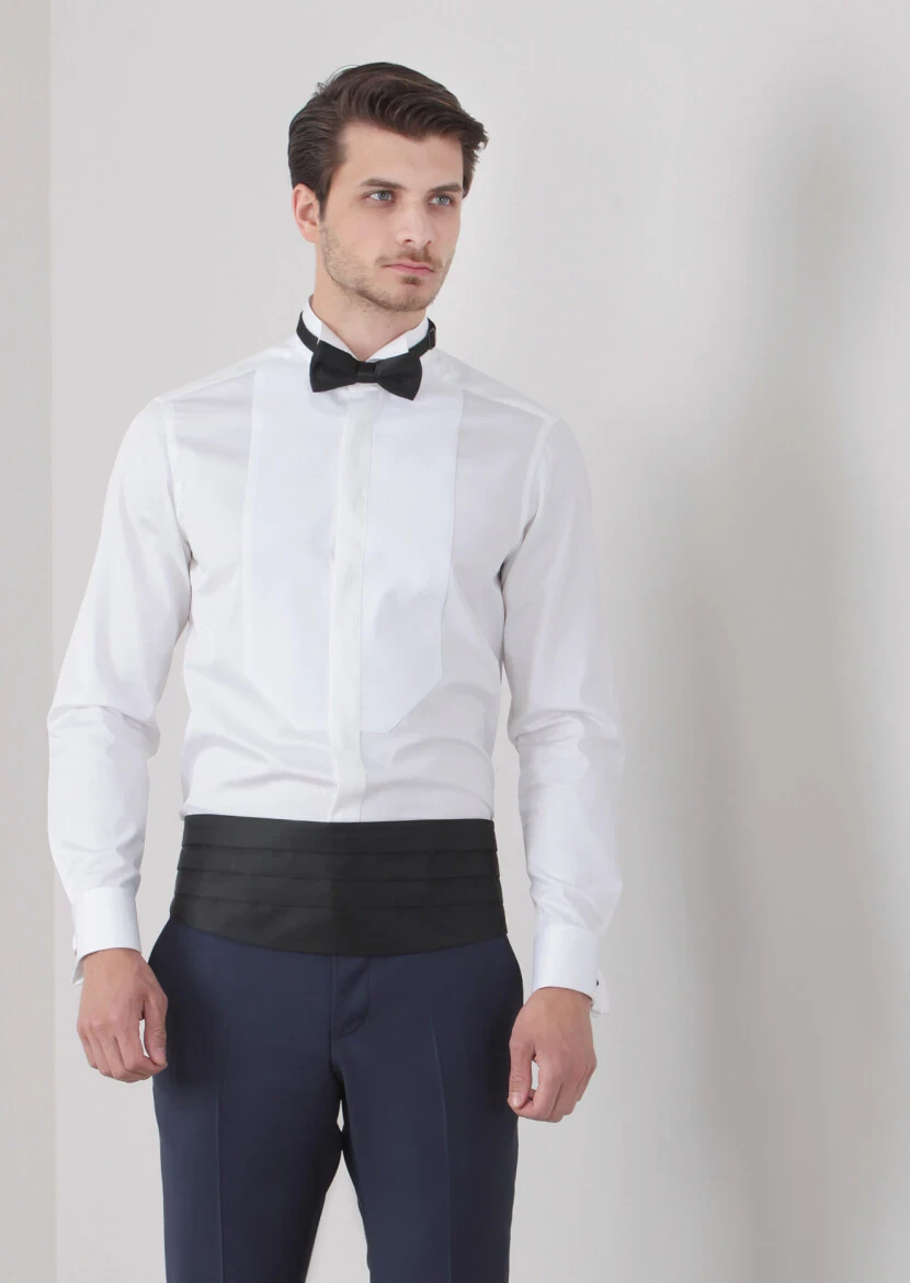 White Plain Regular Fit Double Cuff Wing Collar Tuxedo Shirts - RAMSEY