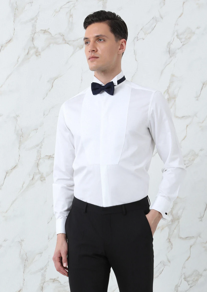 White Plain Regular Fit Double Cuff Wing Collar Tuxedo Shirts - RAMSEY