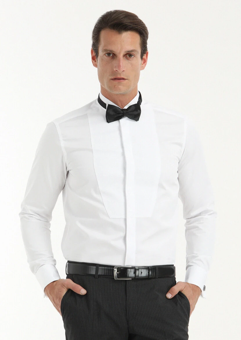 White Plain Regular Fit Double Cuff Wing Collar Tuxedo Shirts - RAMSEY