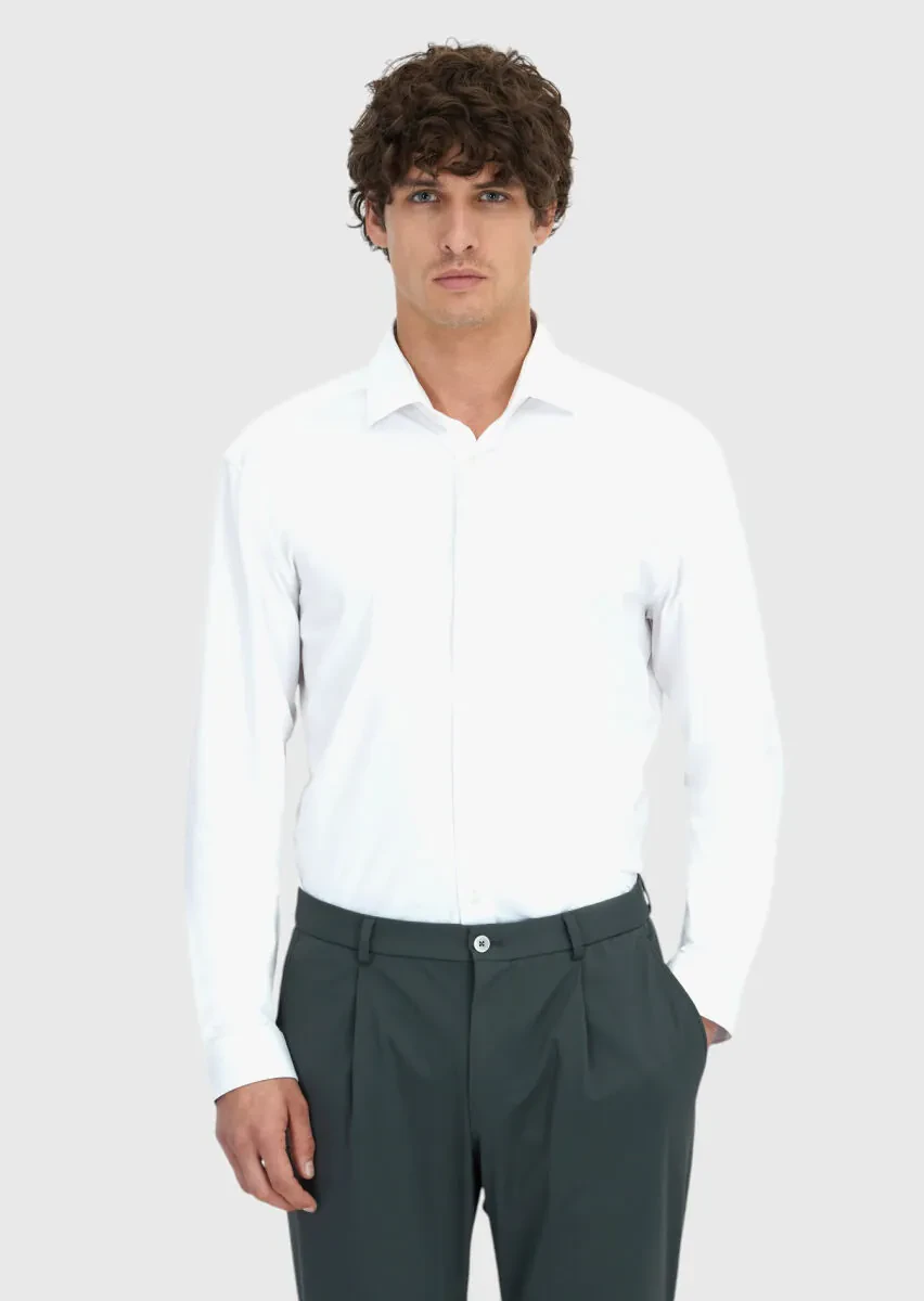 White Plain Regular Fit Knitting Casual Cotton Blended Shirt - 1