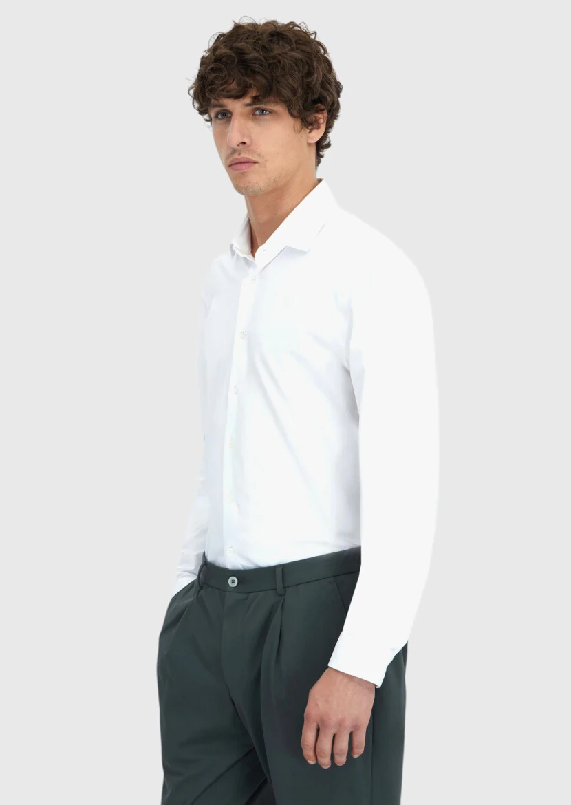 White Plain Regular Fit Knitting Casual Cotton Blended Shirt - 3