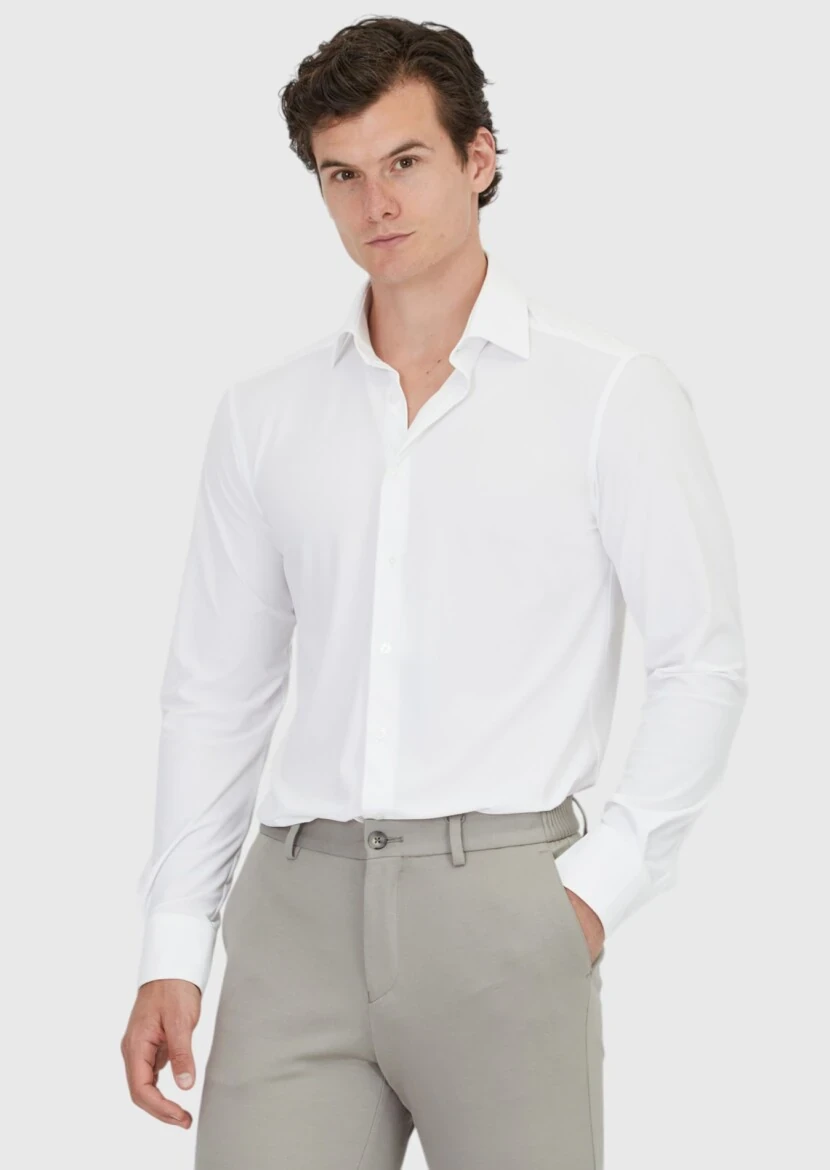 White Plain Regular Fit Knitting Classical Shirt - RAMSEY