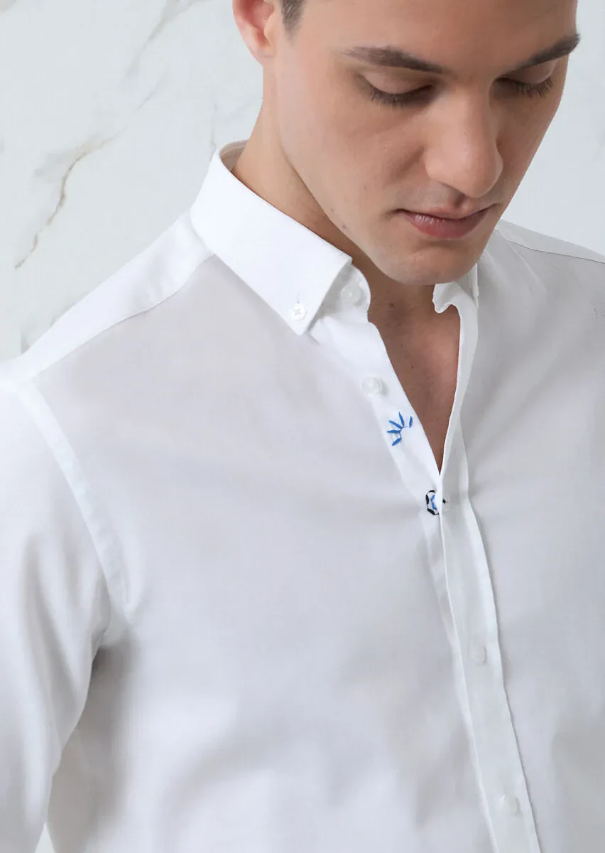 White Plain Regular Fit Weaving Casual 100% Cotton Shirt - 2
