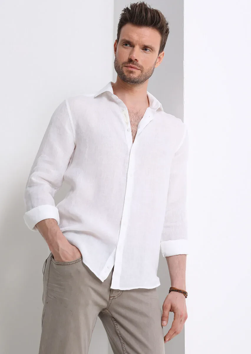 White Plain Regular Fit Weaving Casual 100% Linen Shirt - 1