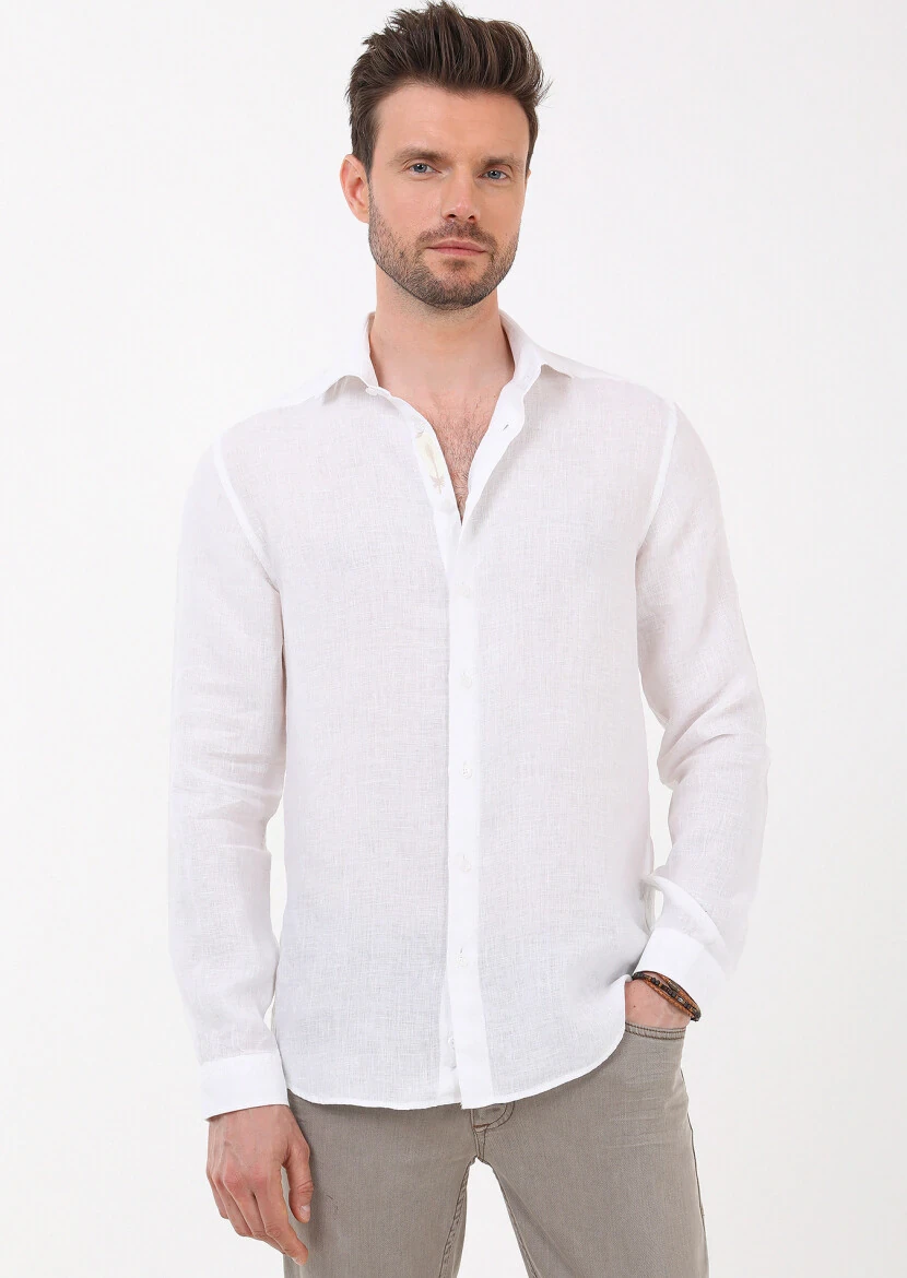 White Plain Regular Fit Weaving Casual 100% Linen Shirt 