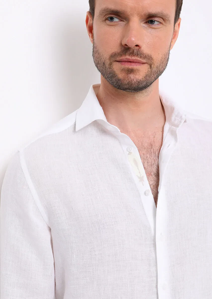 White Plain Regular Fit Weaving Casual 100% Linen Shirt - 3