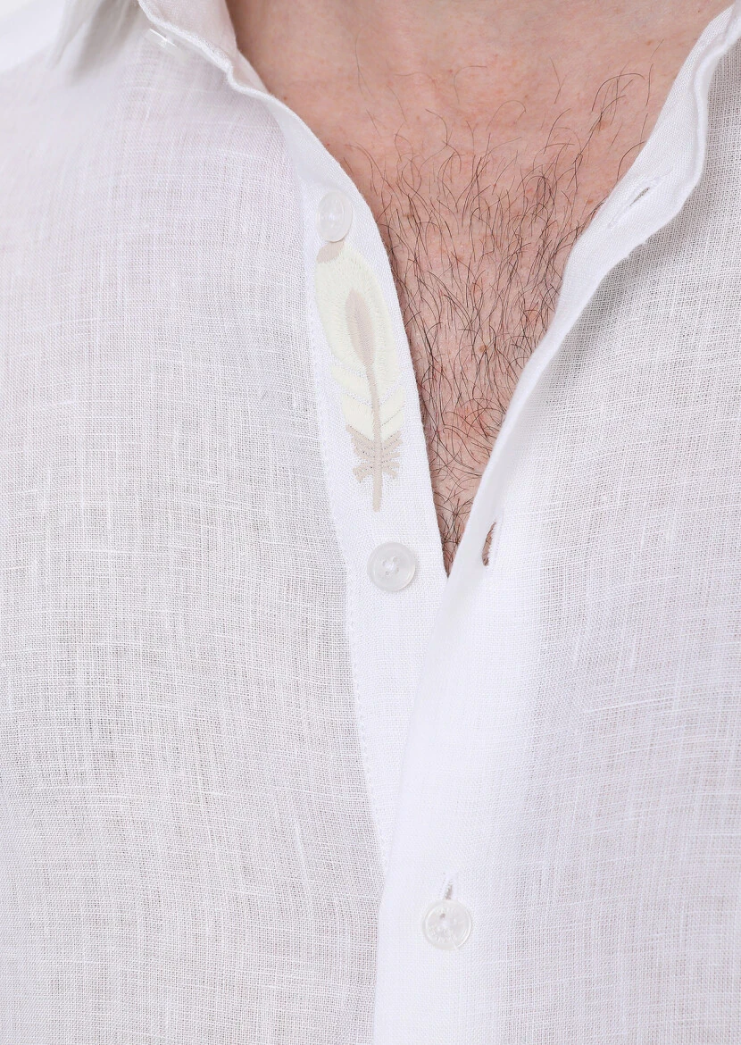 White Plain Regular Fit Weaving Casual 100% Linen Shirt - 4