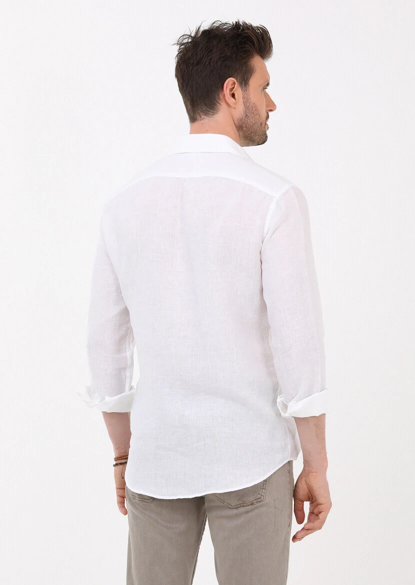 White Plain Regular Fit Weaving Casual 100% Linen Shirt - 5