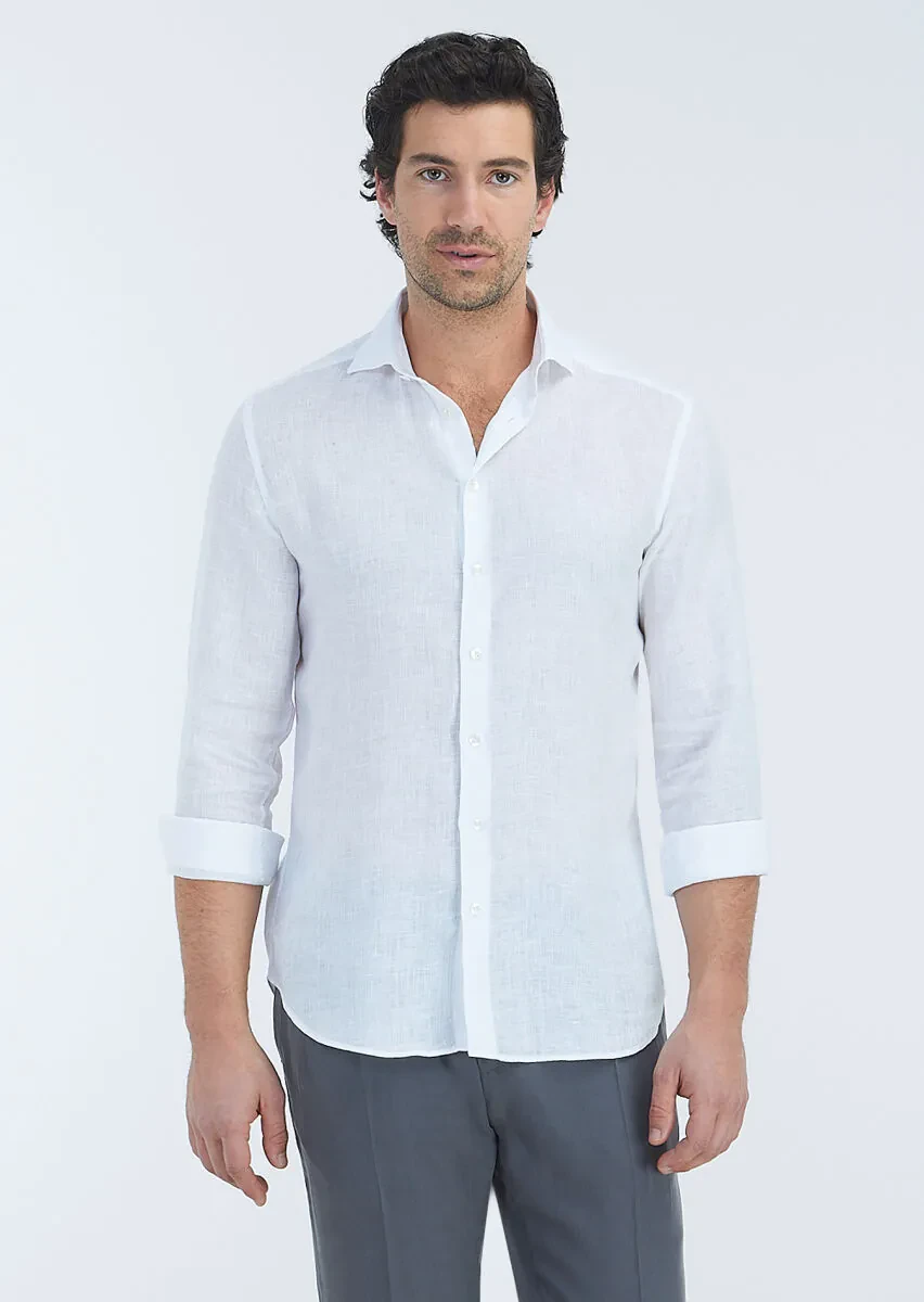 White Plain Regular Fit Weaving Casual 100% Linen Shirt - 2