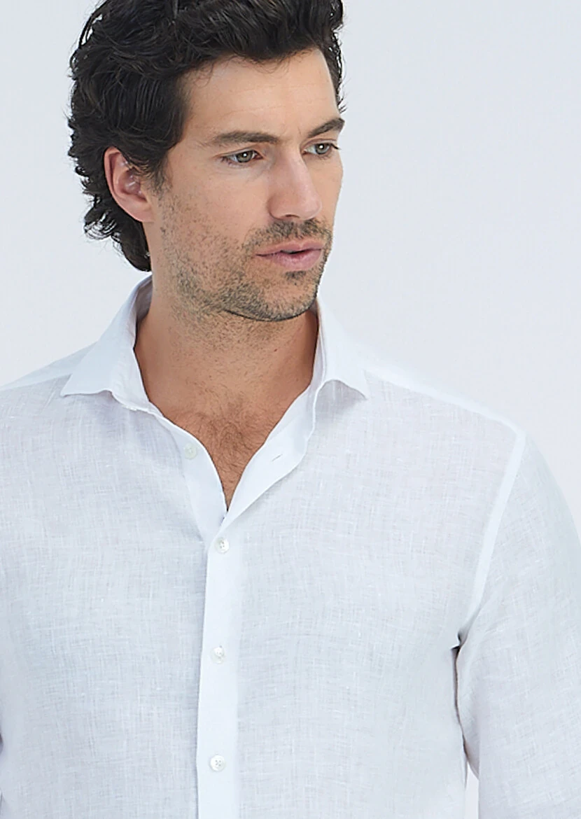 White Plain Regular Fit Weaving Casual 100% Linen Shirt - 4