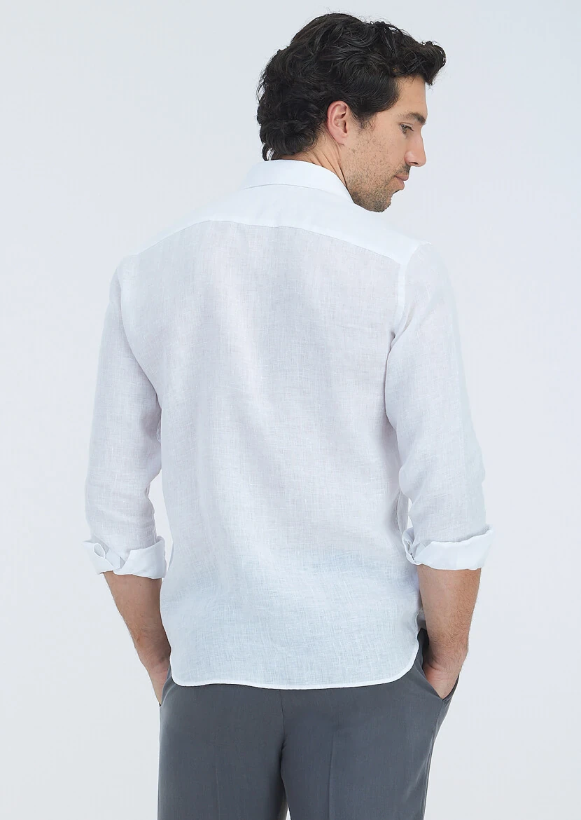 White Plain Regular Fit Weaving Casual 100% Linen Shirt - 5