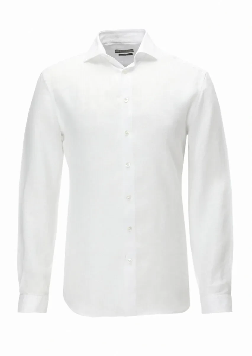 White Plain Regular Fit Weaving Casual 100% Linen Shirt - 6