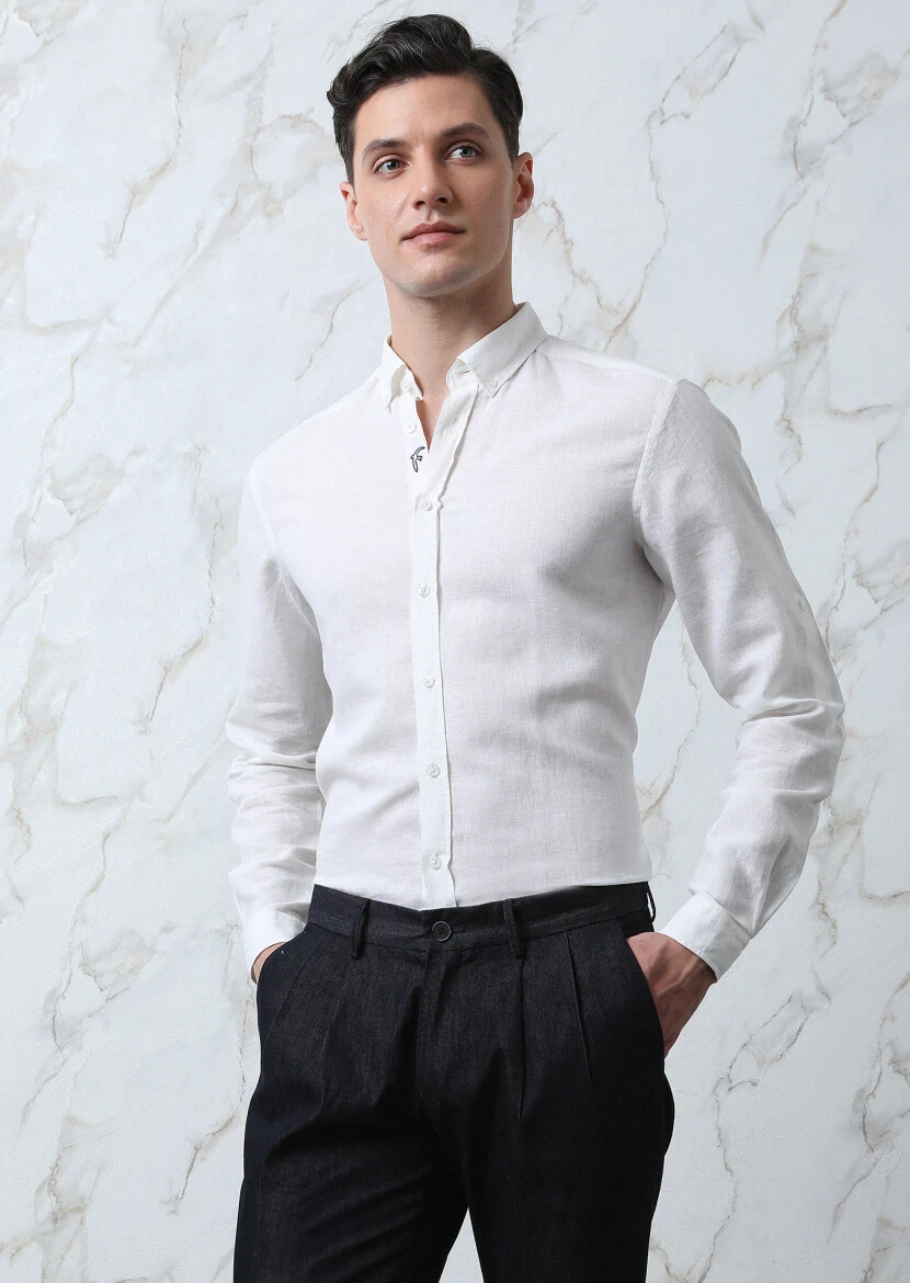 White Plain Regular Fit Weaving Casual Cotton Blended Shirt - 1