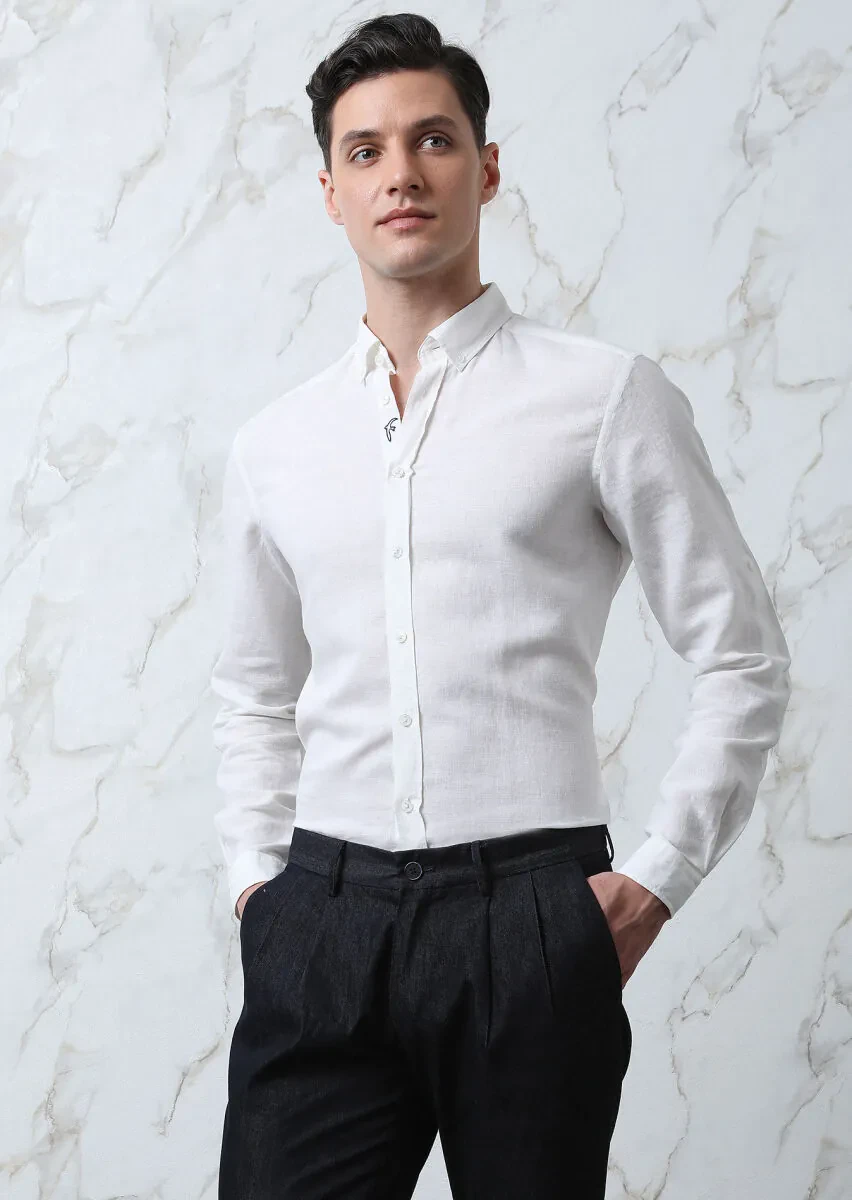 White Plain Regular Fit Weaving Casual Cotton Blended Shirt - 1
