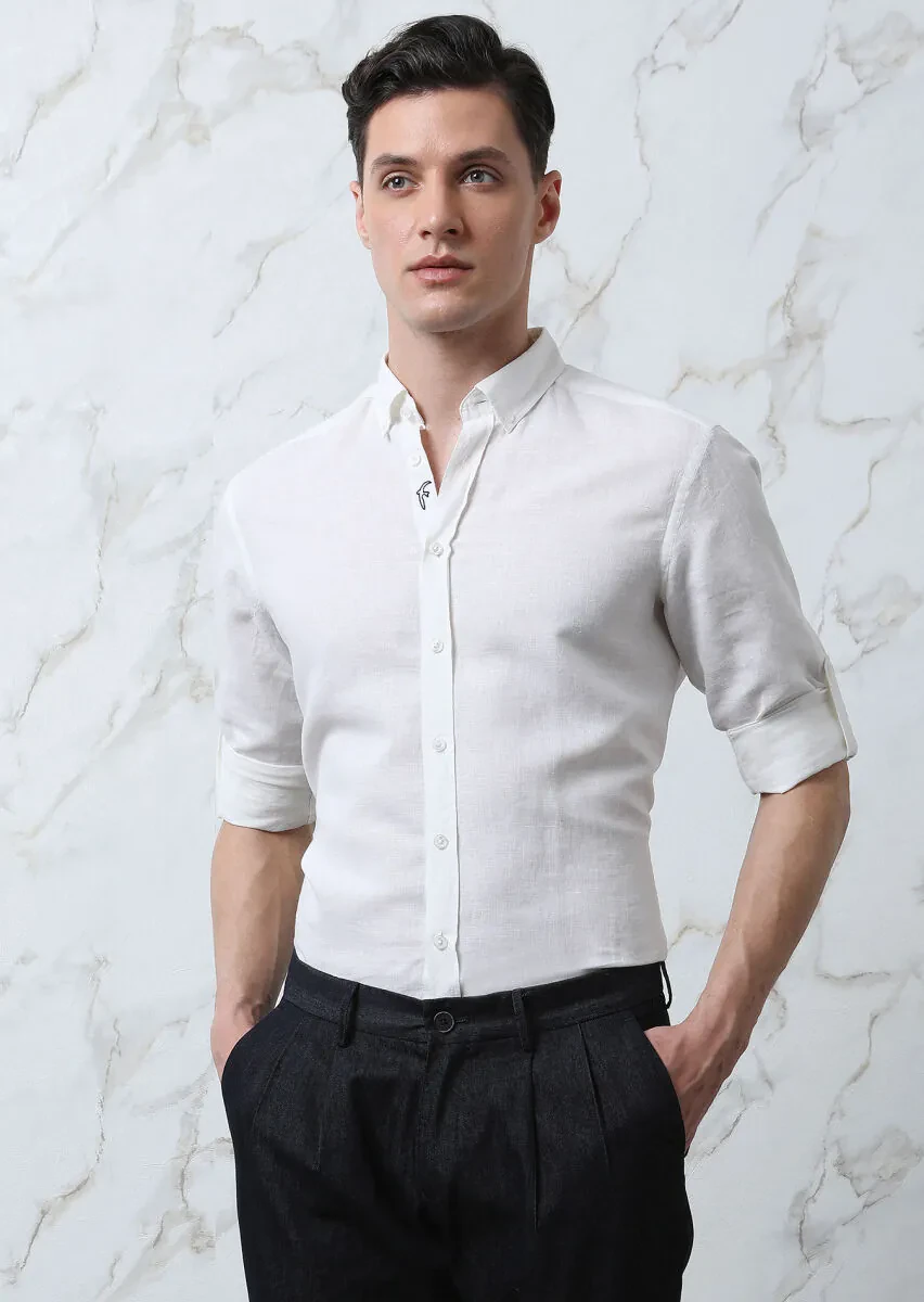 White Plain Regular Fit Weaving Casual Cotton Blended Shirt - 2