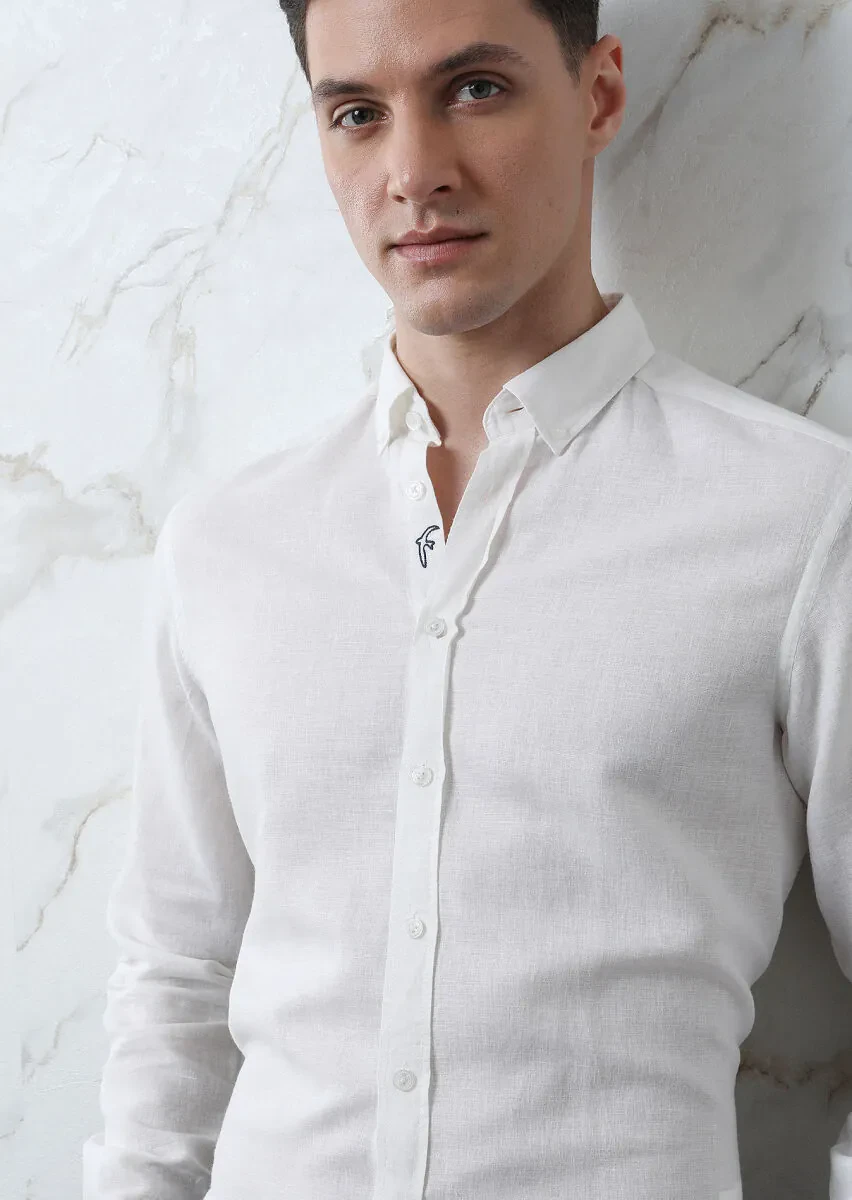 White Plain Regular Fit Weaving Casual Cotton Blended Shirt - 3