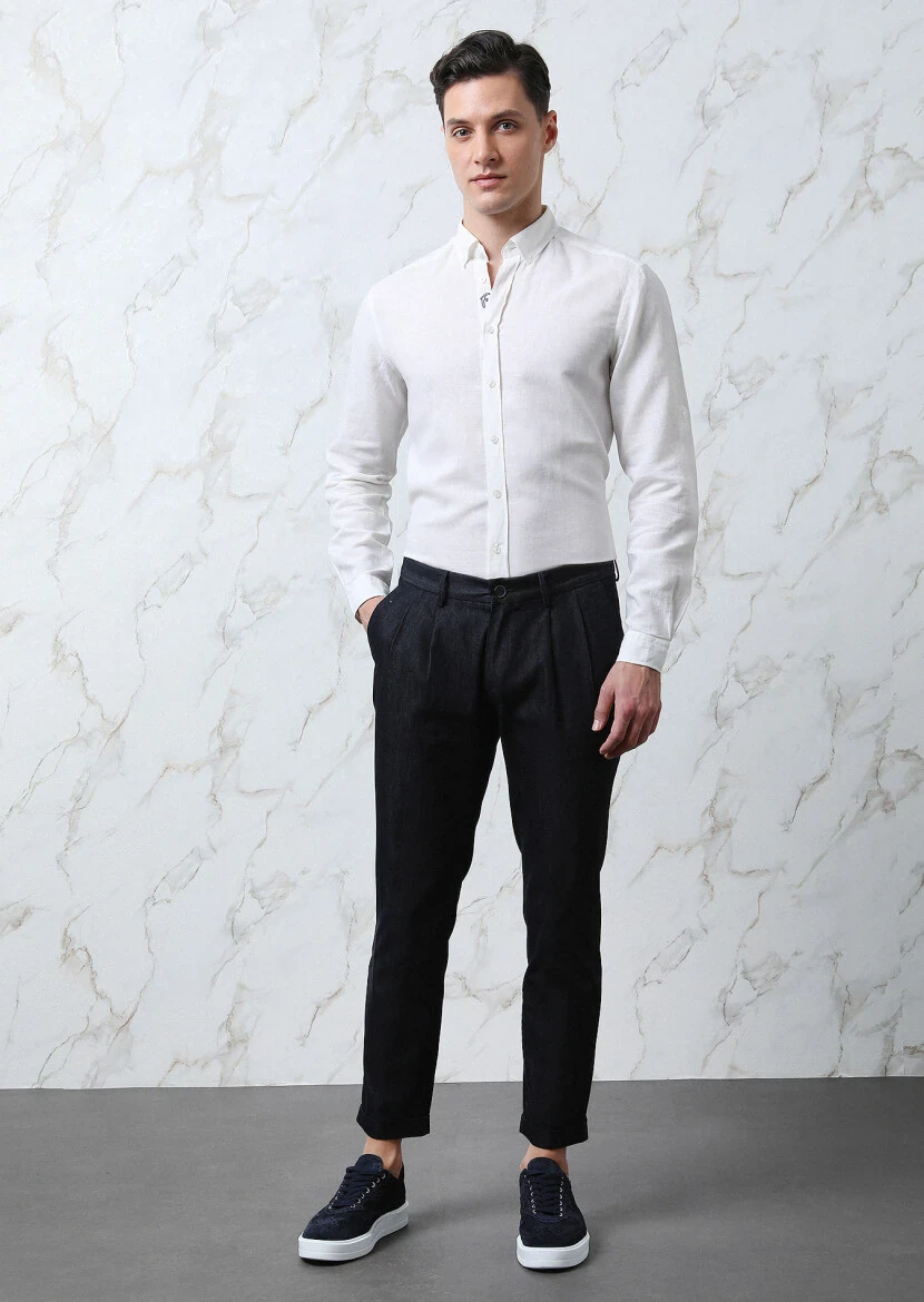 White Plain Regular Fit Weaving Casual Cotton Blended Shirt - 4