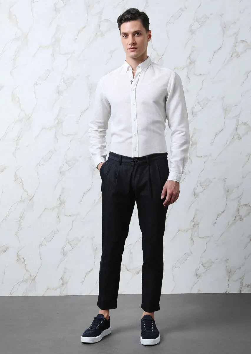 White Plain Regular Fit Weaving Casual Cotton Blended Shirt - 4