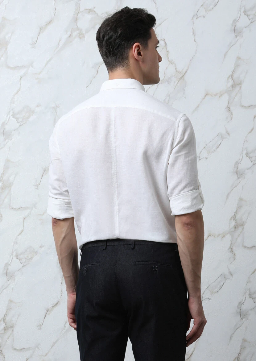 White Plain Regular Fit Weaving Casual Cotton Blended Shirt - 5