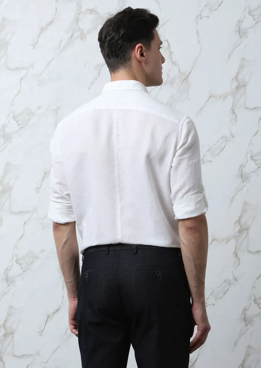 White Plain Regular Fit Weaving Casual Cotton Blended Shirt - 5