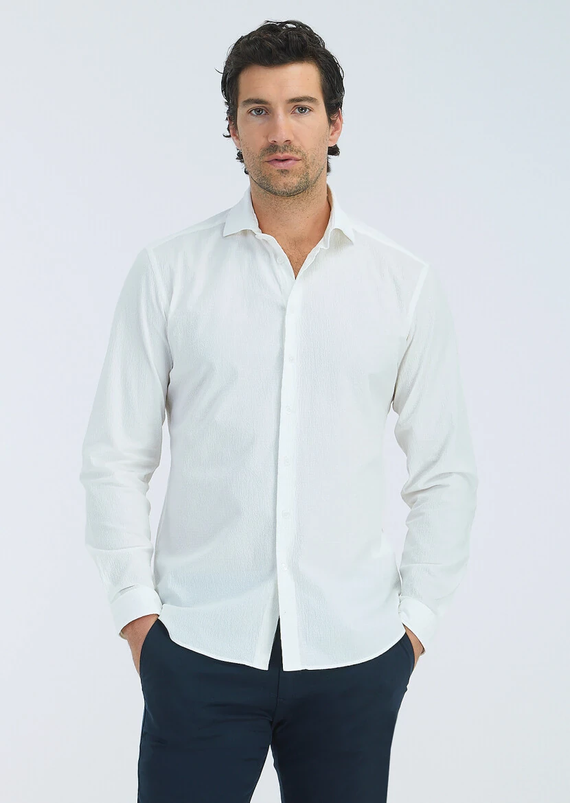 White Plain Regular Fit Weaving Casual Cotton Blended Shirt 