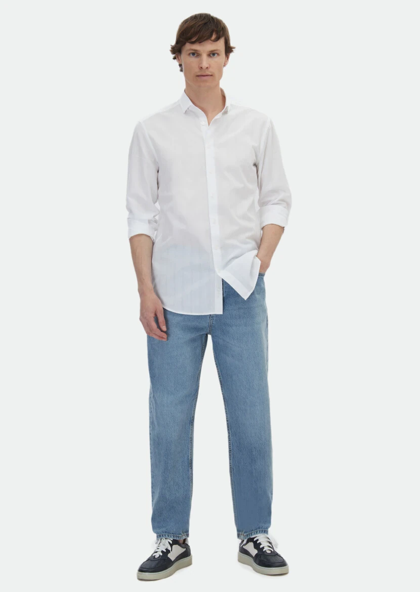 White Plain Regular Fit Weaving Casual Cotton Blended Shirt - RAMSEY