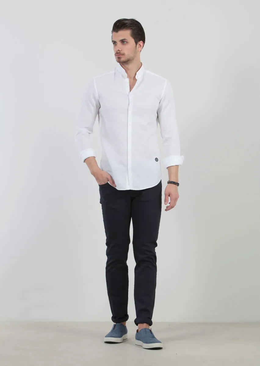 White Plain Regular Fit Weaving Classical 100% Cotton Shirt - 2