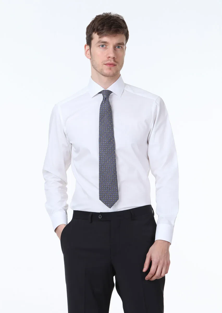 White Plain Regular Fit Weaving Classical 100% Cotton Shirt - 1