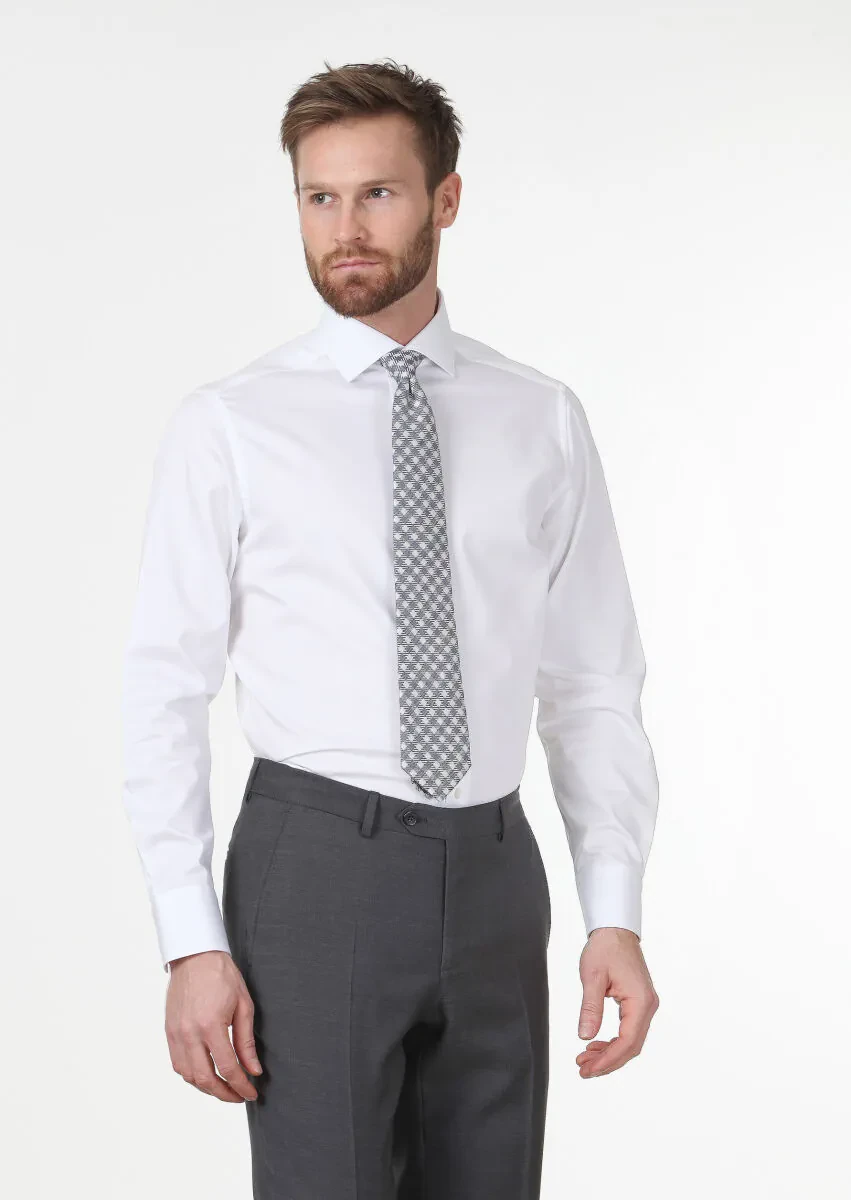 White Plain Regular Fit Weaving Classical 100% Cotton Shirt - 1