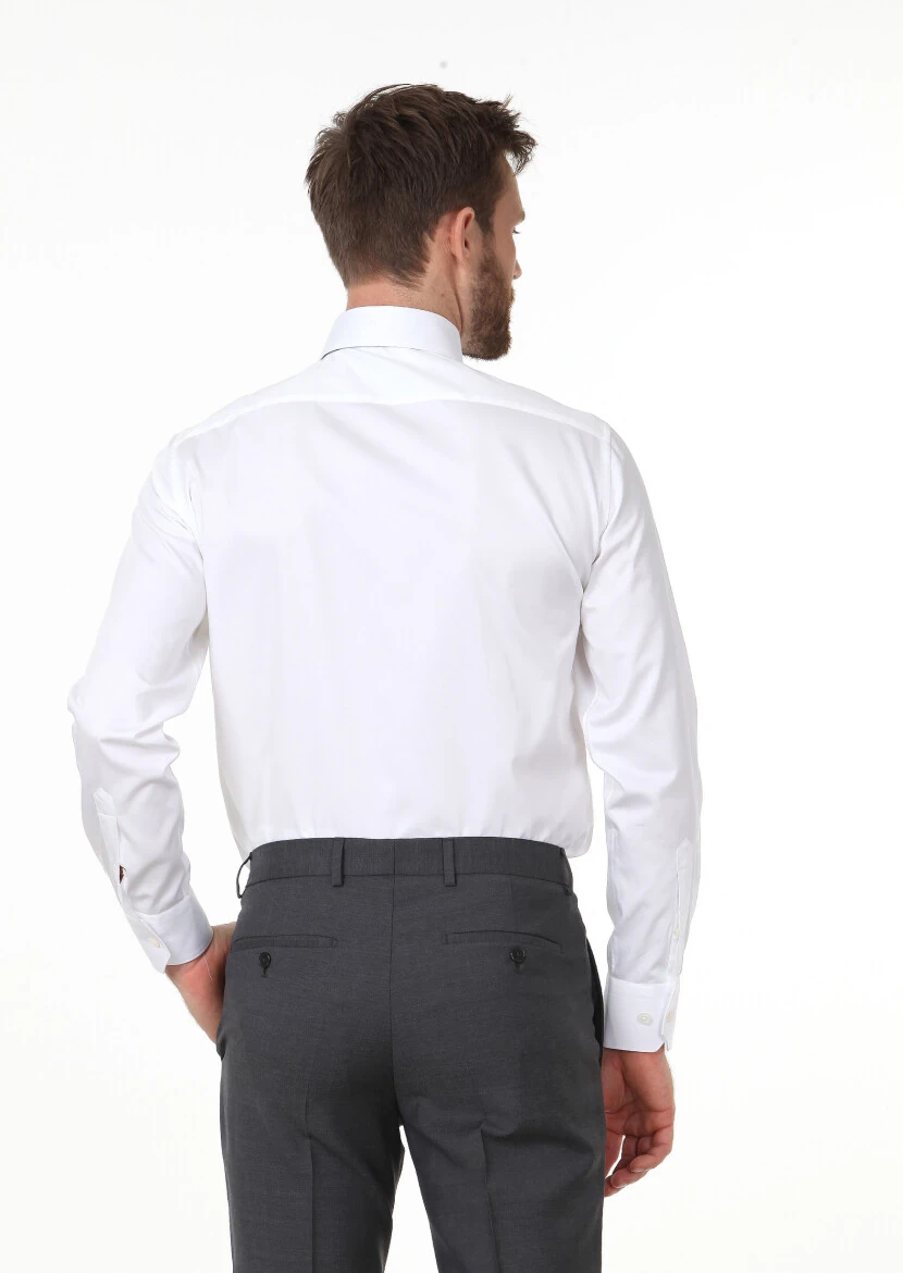 White Plain Regular Fit Weaving Classical 100% Cotton Shirt - 4