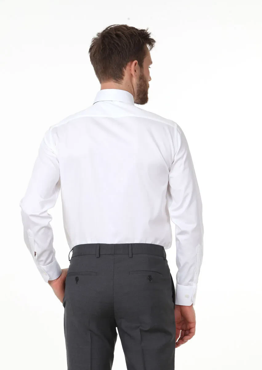 White Plain Regular Fit Weaving Classical 100% Cotton Shirt - 4