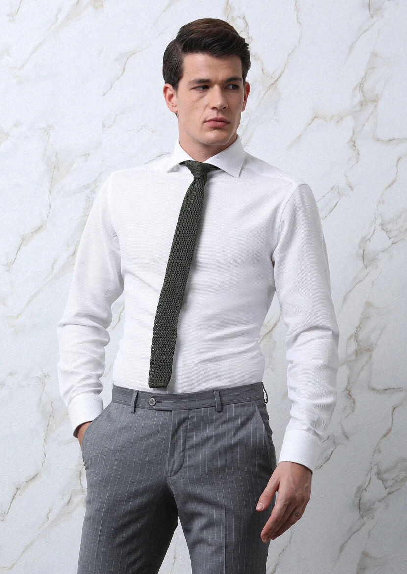 White Plain Regular Fit Weaving Classical 100% Cotton Shirt - 3