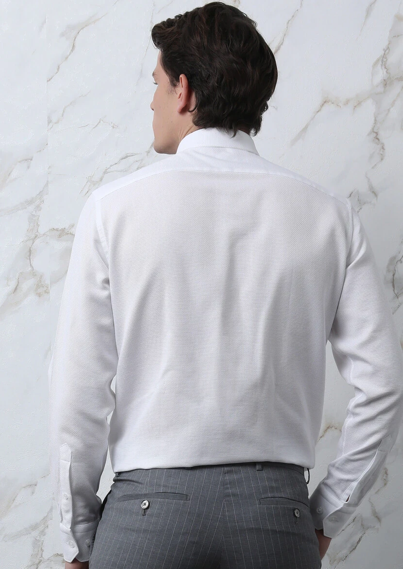 White Plain Regular Fit Weaving Classical 100% Cotton Shirt - 5