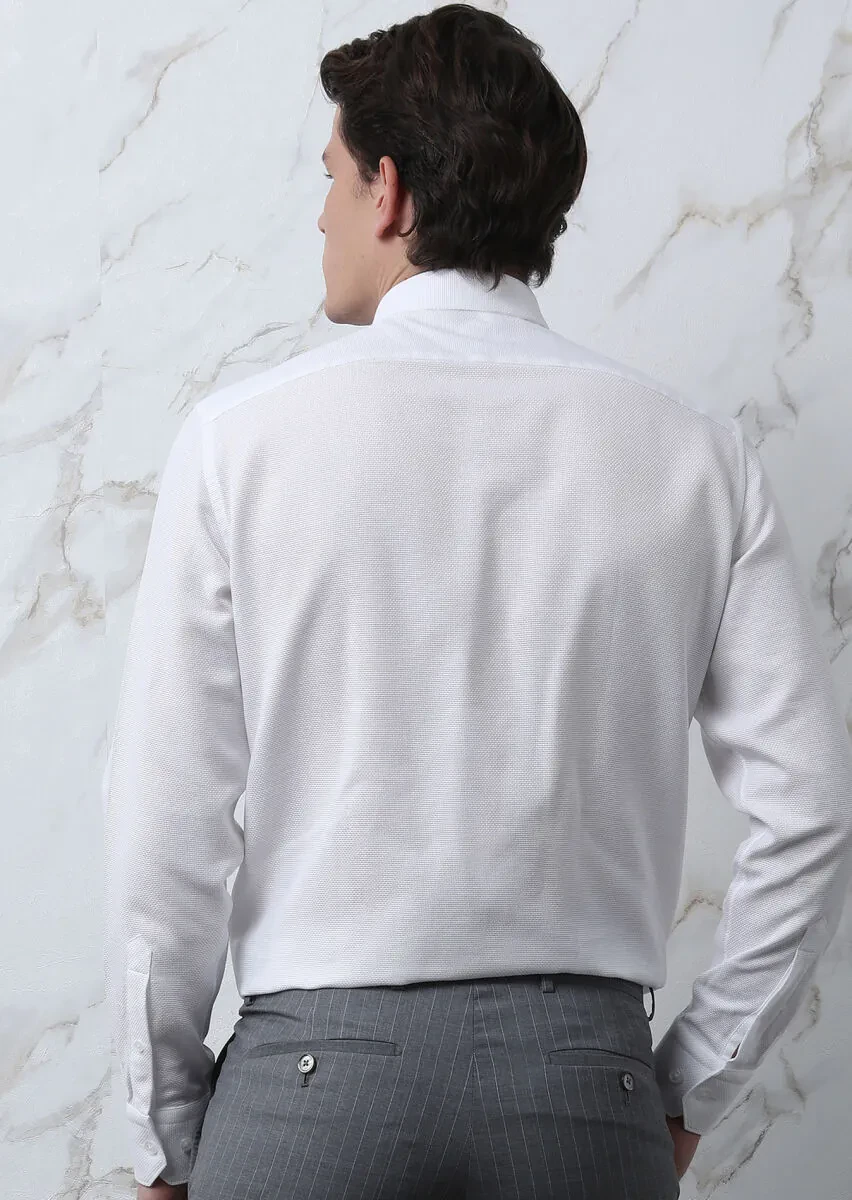 White Plain Regular Fit Weaving Classical 100% Cotton Shirt - 5