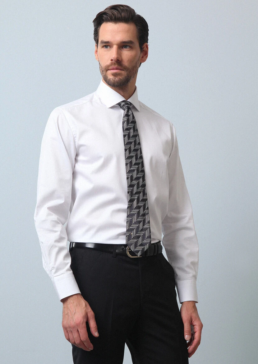 White Plain Regular Fit Weaving Classical 100% Cotton Shirt - RAMSEY