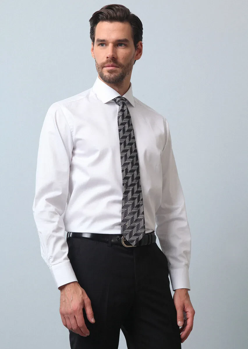 White Plain Regular Fit Weaving Classical 100% Cotton Shirt - 1